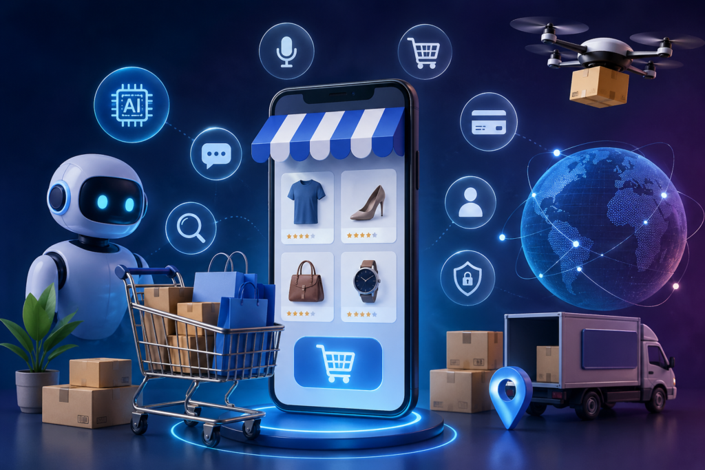 Futuristic e-commerce concept illustration showing a glowing smartphone shopping interface surrounded by AI technology icons, digital shopping cart, delivery drones, and global logistics elements representing the future of online shopping in 2026.