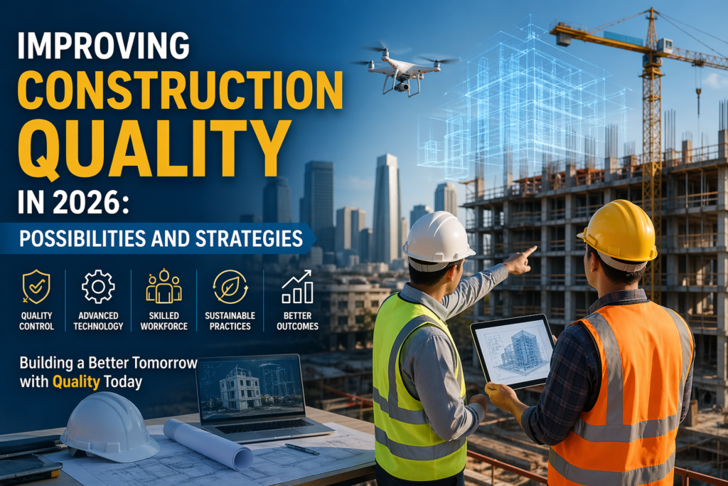 construction quality improvement 2026 showing engineers using BIM technology, drone inspection, and modern sustainable construction techniques