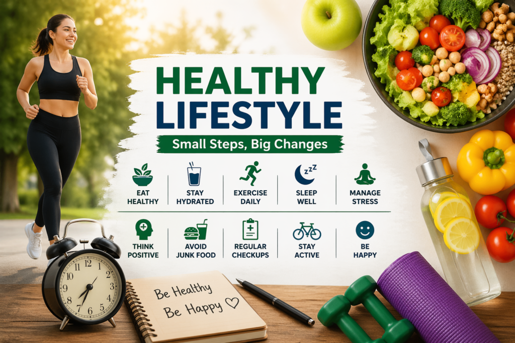 healthy lifestyle tips infographic with diet exercise hydration and wellness guide