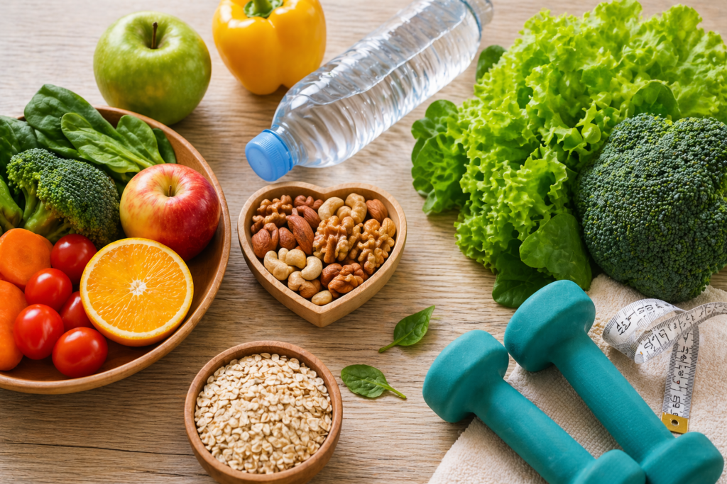 healthy food and fitness concept with fruits vegetables water and dumbbells