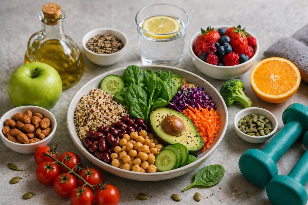 balanced diet and fitness essentials with salad fruits oats nuts and workout equipment