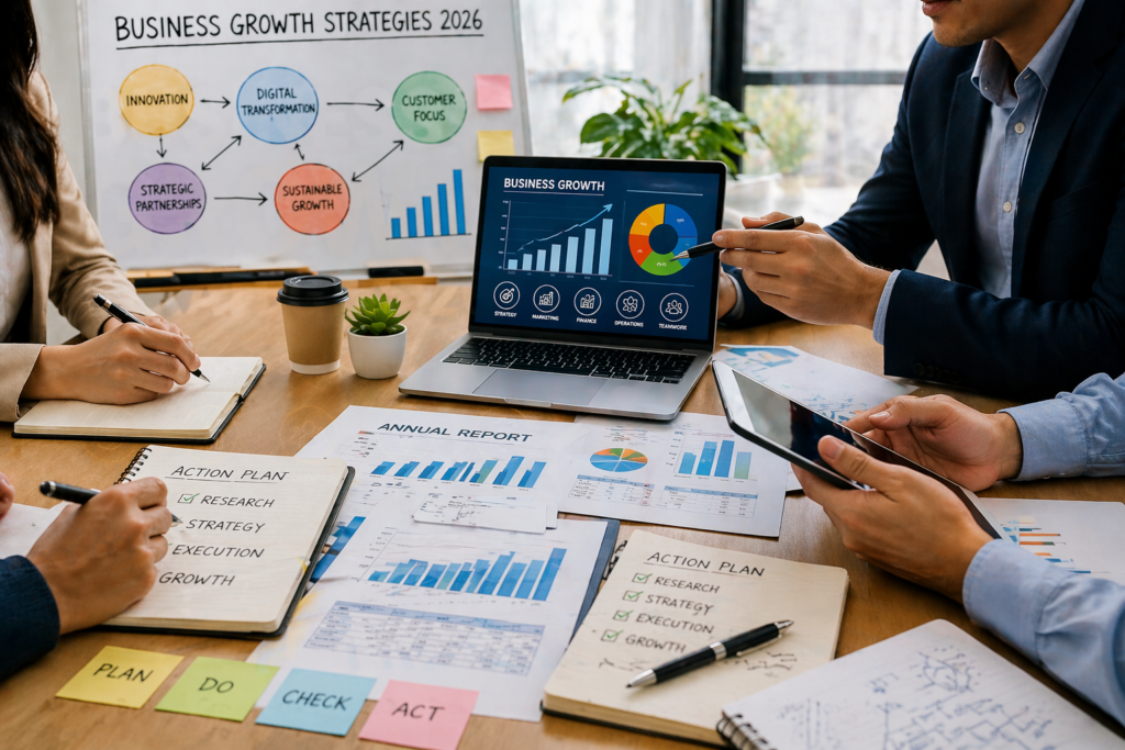 Team planning Business Growth Strategies 2026 in office meeting with charts, laptop analytics, and growth reports