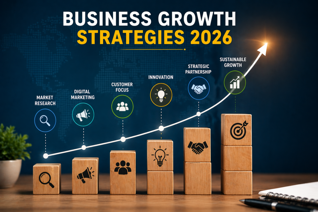 “Business Growth Strategies 2026 concept showing modern digital tools, teamwork, and data-driven methods for scaling business fast.”