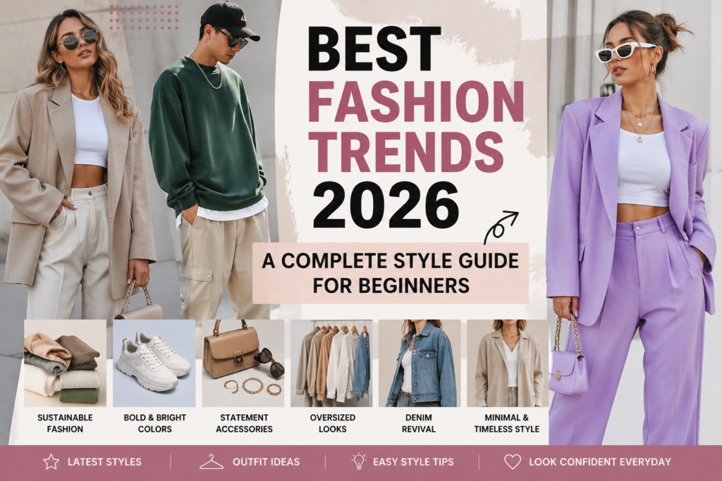 A fashion showcase of 2026 trends including futuristic streetwear, sustainable fabrics, oversized fits, and minimalist luxury styles on runway models