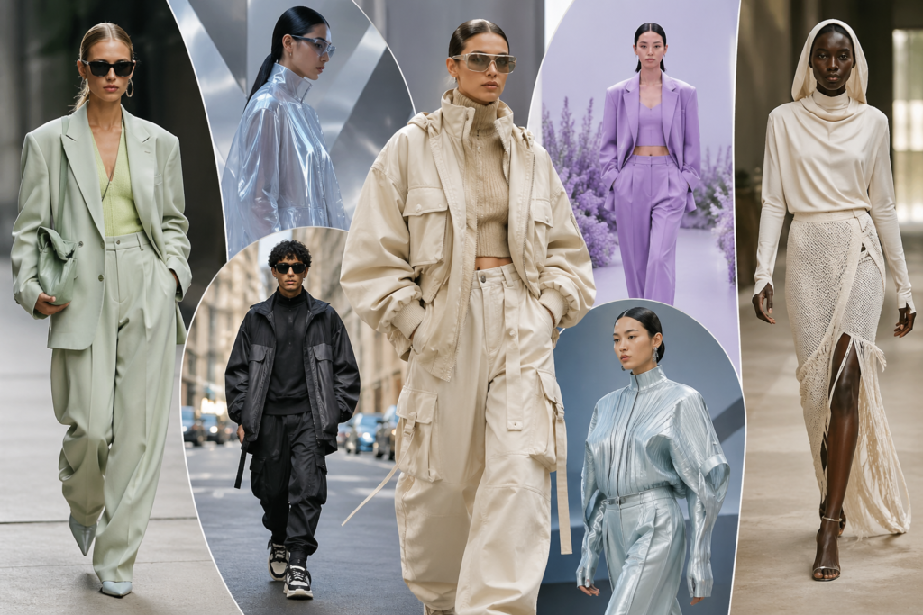 High-fashion editorial collage showcasing 2026 trends with models wearing futuristic streetwear, oversized silhouettes, minimalist luxury outfits, and sustainable fashion styles in a modern runway-inspired aesthetic.