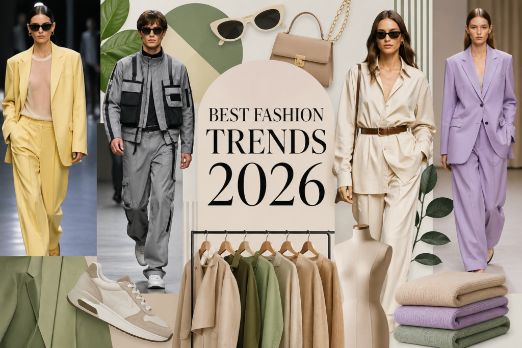 Modern fashion trends 2026 featuring stylish models in pastel suits, neutral outfits, sneakers, and accessories with a minimal aesthetic background showcasing contemporary style and seasonal clothing trends