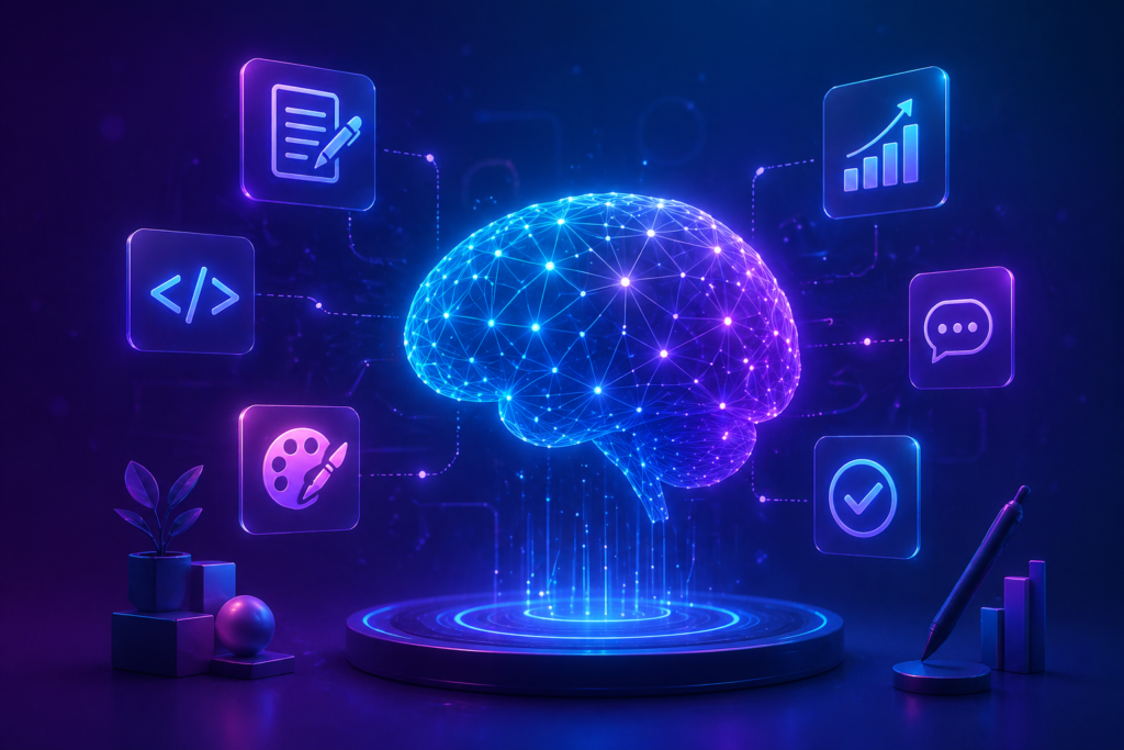 Futuristic AI concept illustration showing a glowing neural brain network in blue and purple neon lights with connected icons representing coding, writing, design, and productivity on a modern tech background