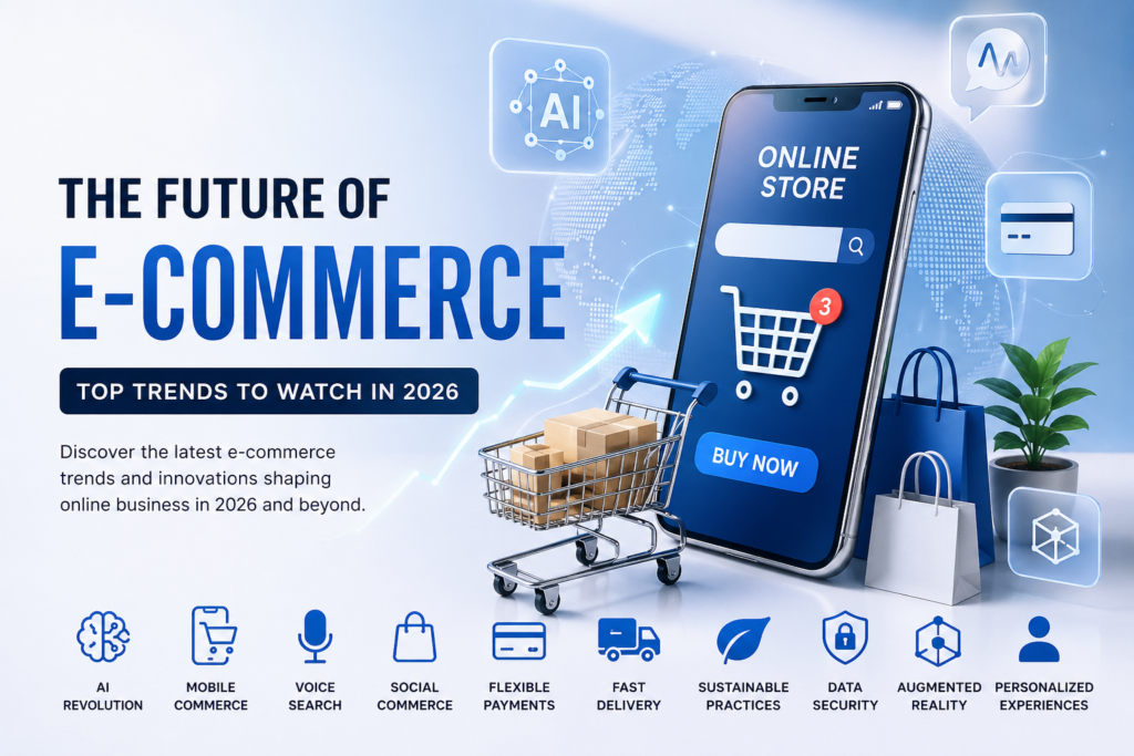 Future of e-commerce trends 2026 showcasing AI, mobile commerce, voice search, and online shopping growth