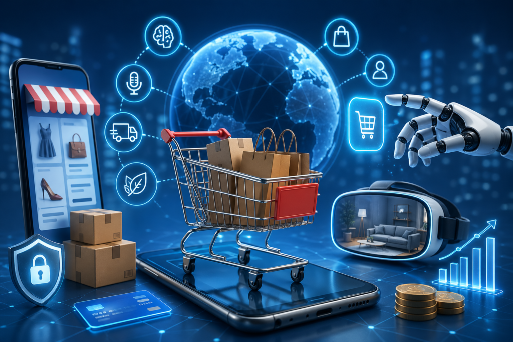 Futuristic e-commerce concept showing digital shopping cart, AI technology elements, online payment security icons, and global digital commerce network in a modern 3D cyber-style environment.