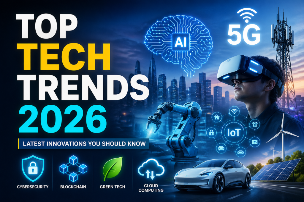 Top Tech Trends 2026 including AI, 5G, IoT, cybersecurity and future technology innovations