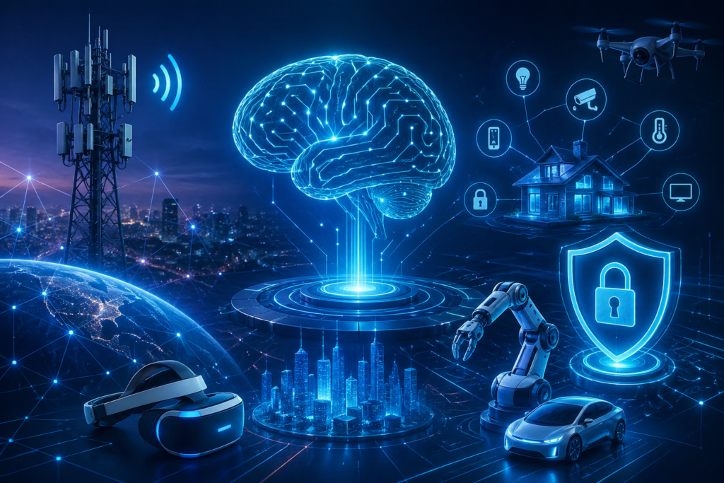 Futuristic digital illustration showing advanced technology themes including AI, 5G connectivity, IoT devices, and cybersecurity. A glowing holographic brain is centered, surrounded by smart city elements, drones, robots, connected devices, and security icons, all in a neon blue cyber-themed environment.
