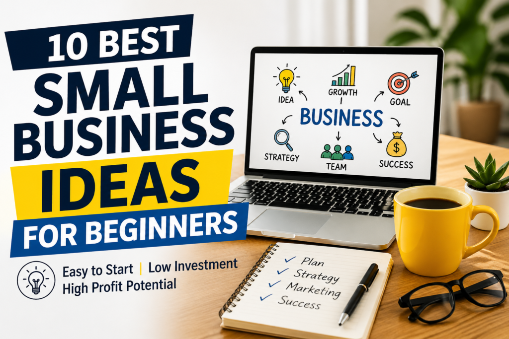 Best small business ideas for beginners including home bakery, freelancing, online tutoring, dropshipping, handmade crafts, and mobile services concept illustration