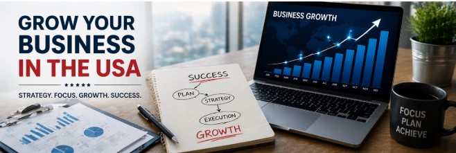 Grow your business in the USA with strategic planning, skyline view and successful entrepreneur concept