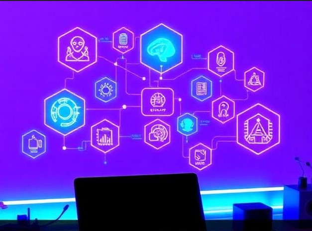 Futuristic workspace showing free AI tools and digital apps for 2026 with modern technology interface