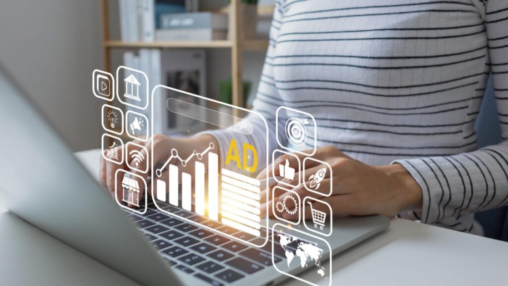 Laptop showing e-commerce dashboard with online store analytics and digital sales performance graph.
