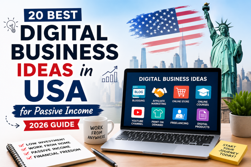 20 Best Digital Business Ideas in USA for Passive Income 2026 Guide featuring online business concepts like blogging, affiliate marketing, e-commerce, freelancing and digital products