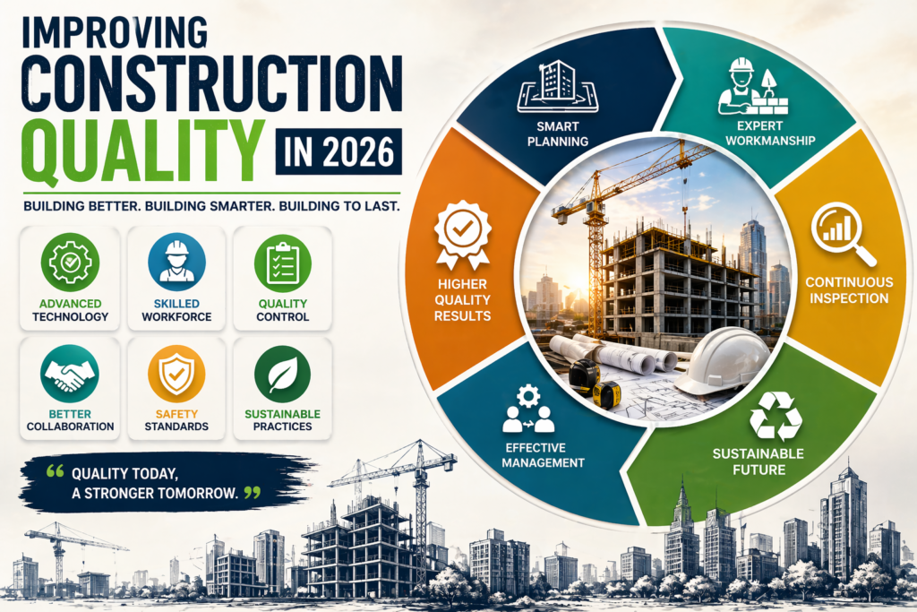 Infographic showing improving construction quality in 2026 with smart planning, skilled workforce, quality control, safety standards, and sustainable construction practices.