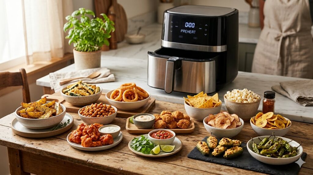 A high-quality minimalist food photography shot displaying twelve various crispy oil-free air-fried snacks arranged beautifully in elegant bowls on a clean kitchen counter, with a blurred premium air fryer in the background.