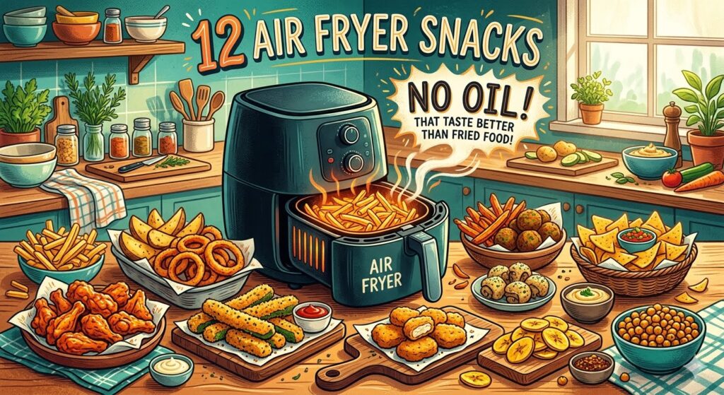 A vibrant and colorful kitchen illustration showing a black air fryer with steaming hot fries inside, surrounded by 12 different varieties of snacks like chicken wings, onion rings, zucchini sticks, and tortilla chips arranged neatly on a wooden counter.