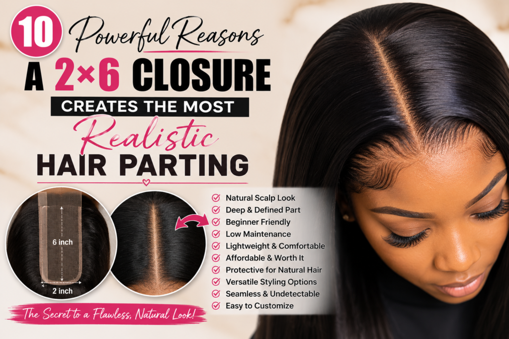 Featured image showing a 2×6 closure hairstyle with a natural-looking hair part, highlighting a sleek and realistic scalp appearance with styled hair for wig and closure use.