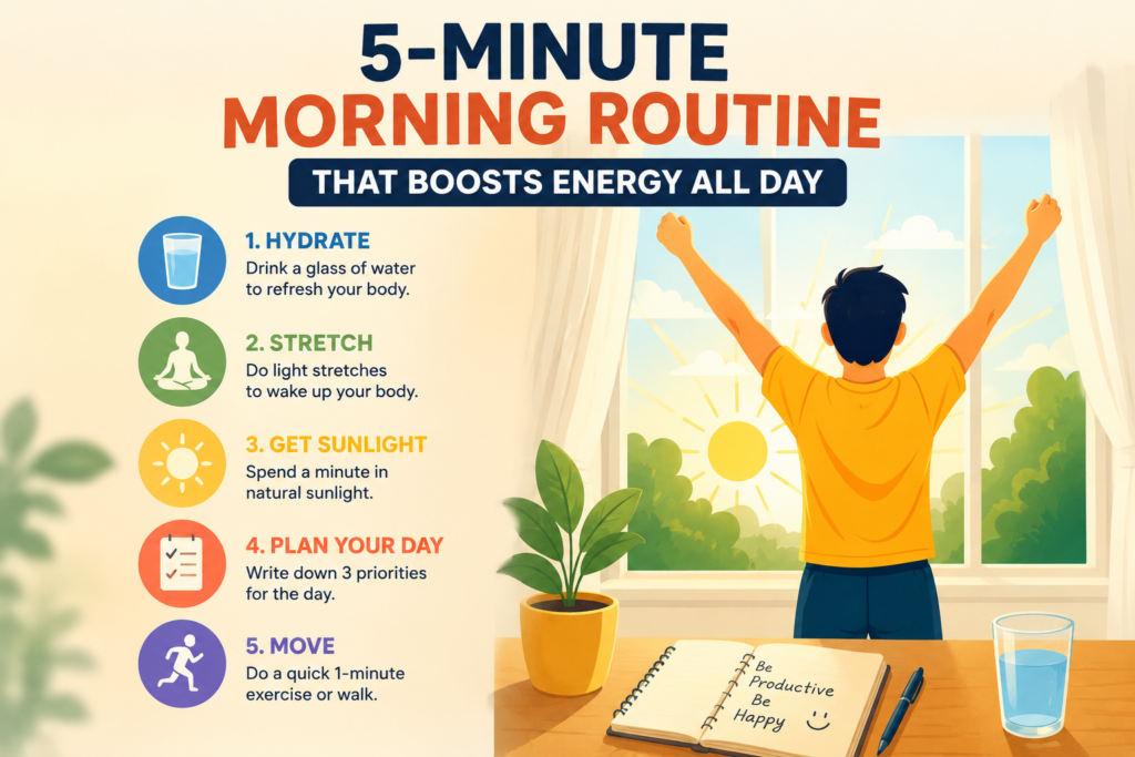 Illustration of a healthy 5-minute morning routine showing hydration, stretching, sunlight, planning, and exercise to boost energy throughout the day.