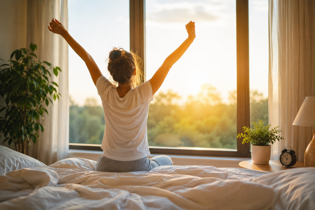 5-minute morning routine that boosts energy all day showing a woman stretching in morning sunlight for natural energy and fresh start