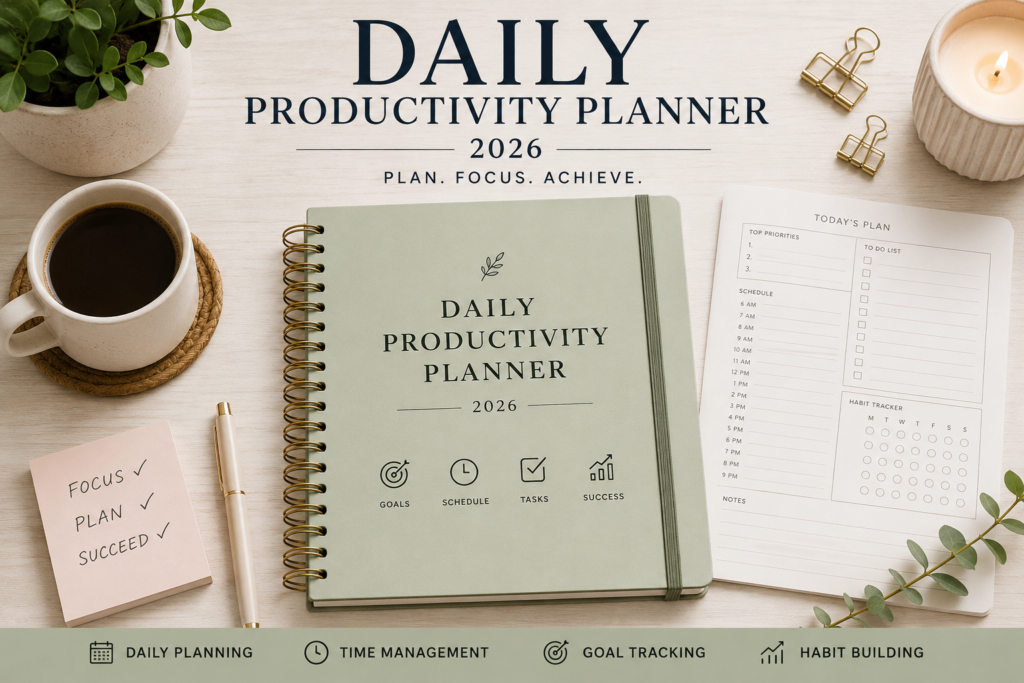 Daily Productivity Planner 2026 on a clean workspace showing task planning, goal tracking, and time management setup