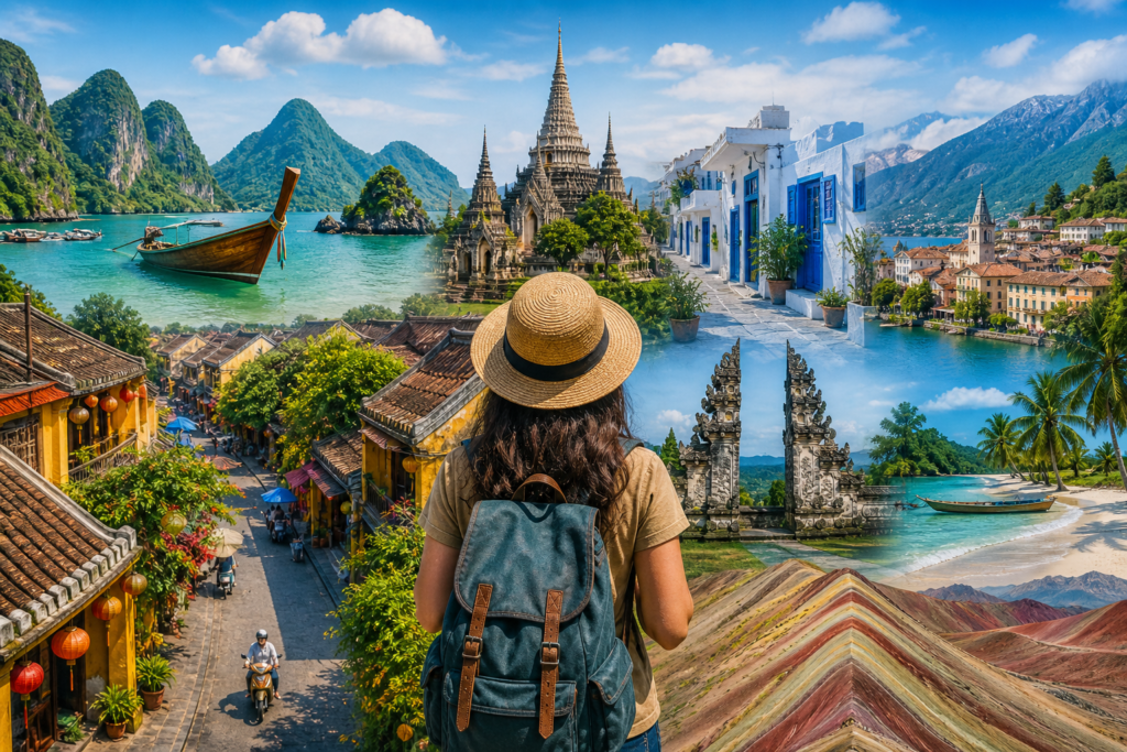 Colorful travel collage showing a backpacker exploring tropical beaches, historic temples, European streets, and scenic mountains, representing affordable travel destinations worldwide.