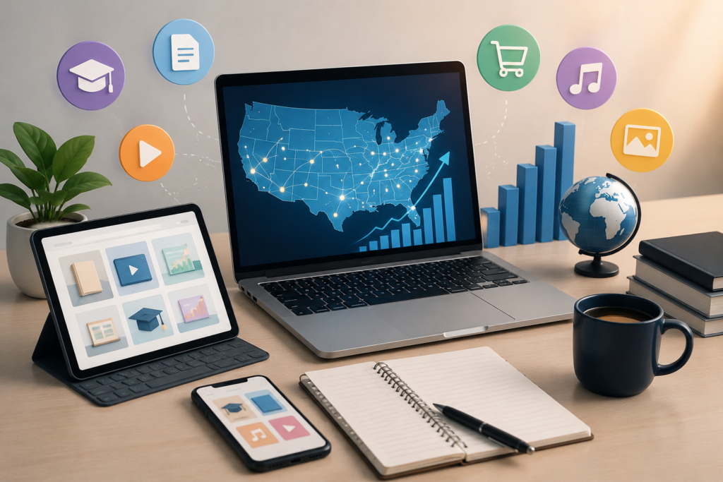 Isometric digital business setup showing Digital Products to Sell Online in the USA with laptop, charts, and online learning and e-commerce symbols.