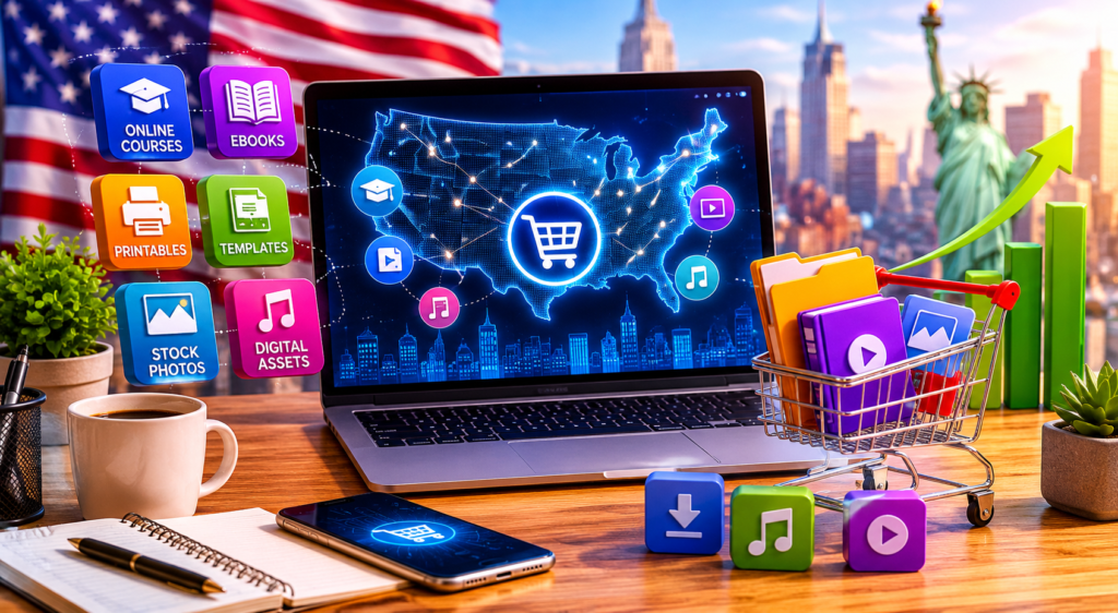 A modern digital workspace representing Digital Products to Sell Online in the USA with online business icons, laptop screen, and e-commerce growth concept.