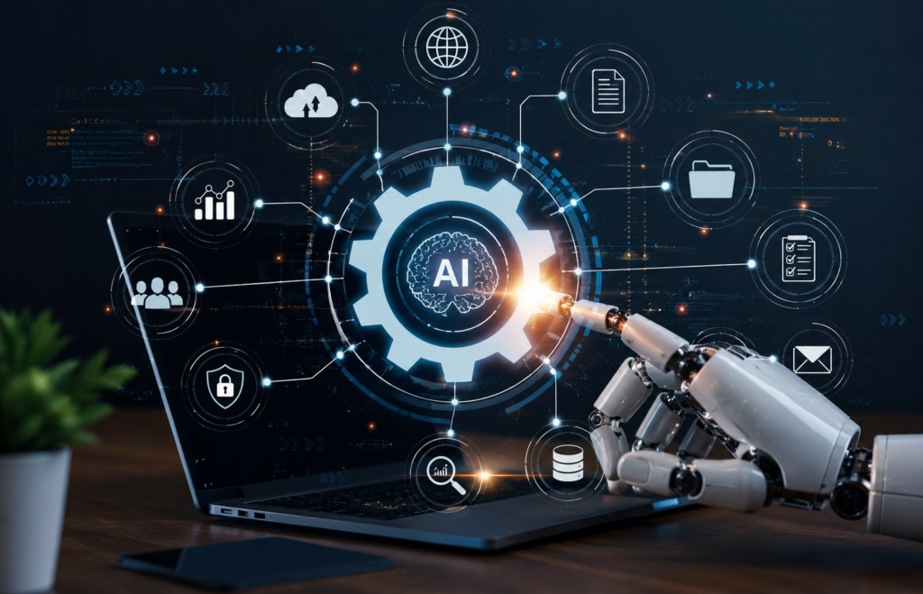 Futuristic AI automation tools concept with robotic hand managing digital workspace and smart connected technology system