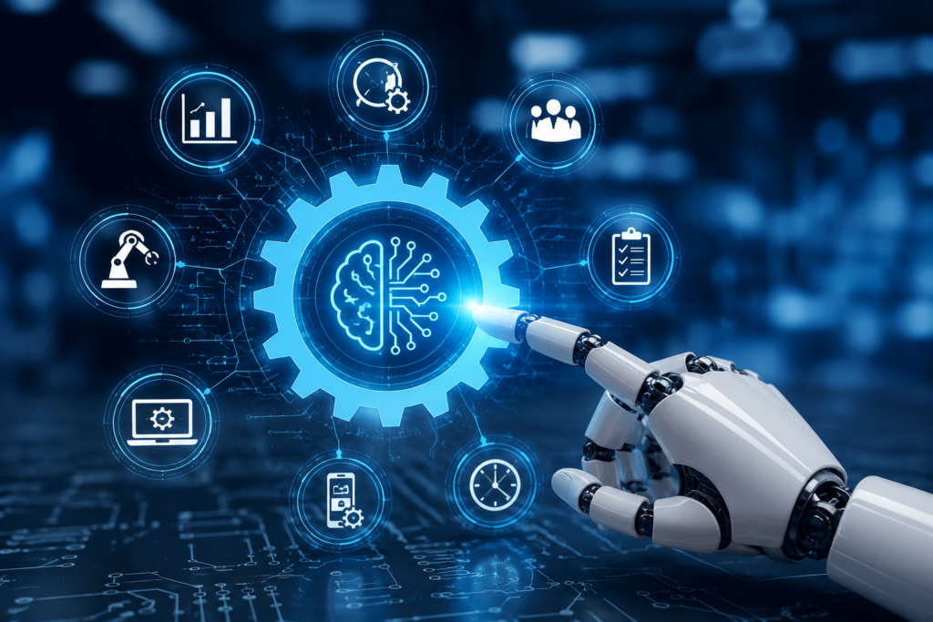 Futuristic AI automation tools concept showing robotic hand managing digital workflow and smart technology interface