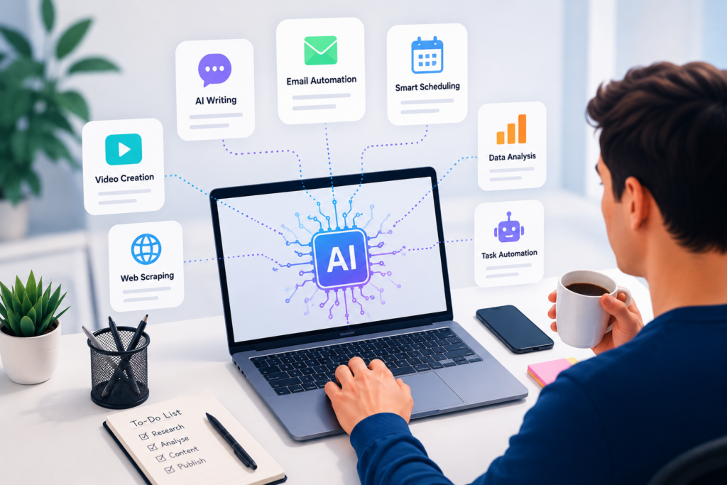 AI automation tools dashboard showing smart workflow automation, task management, and productivity features on a laptop