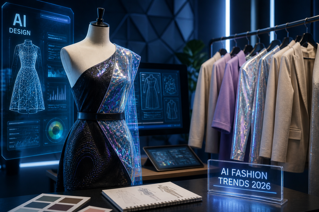 AI-generated fashion designs showcasing futuristic clothing trends for 2026