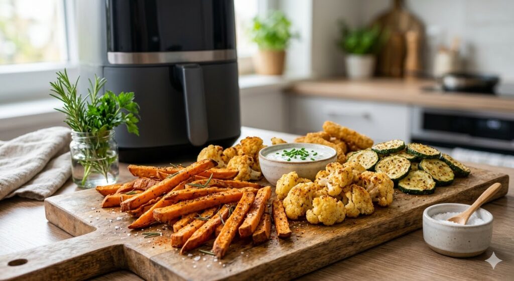 A sleek black air fryer on a kitchen counter next to a wooden serving board filled with crispy oil-free sweet potato fries, roasted cauliflower, zucchini slices, and a small bowl of creamy dipping sauce.