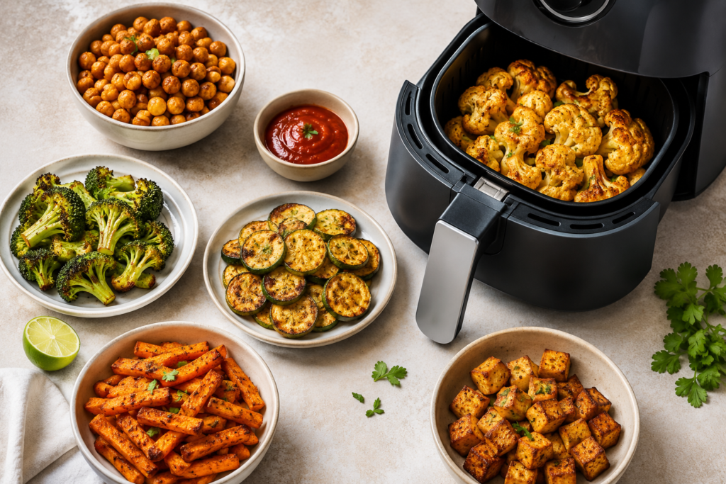 A delicious assortment of 12 air fryer snacks with no oil including crispy vegetables, chickpeas, and healthy bites served with dips, showcasing a perfect guilt-free snacking option made in an air fryer.