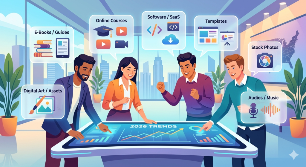 A modern, flat vector illustration of a stylish workspace with a laptop showing a clean outline of the US map. Creative hand-drawn style icons for software, digital art, courses, and podcasts emerge from the screen in a sophisticated palette of navy, terracotta orange, and soft cream.