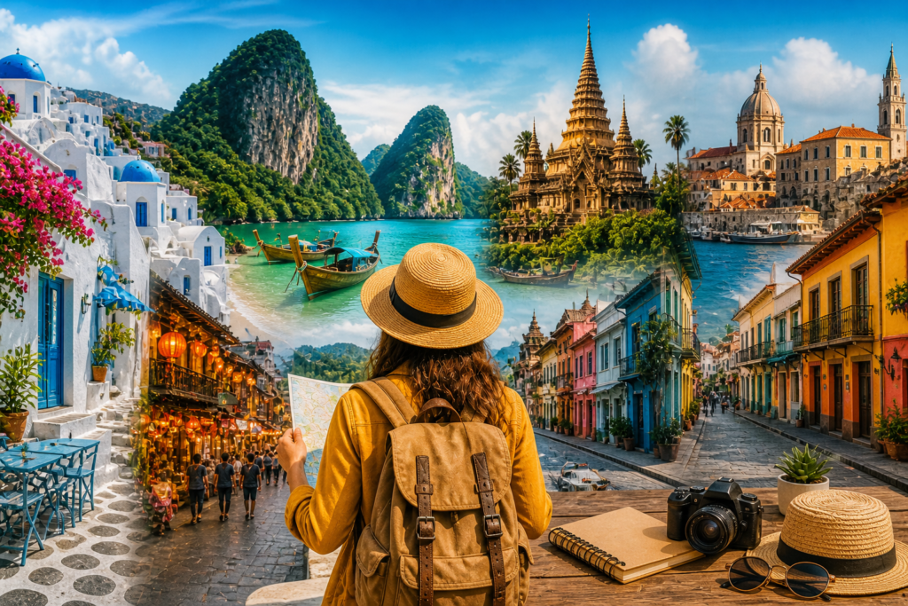 Vibrant travel collage featuring a backpacker holding a map, surrounded by tropical beaches, colorful streets, historic temples, and scenic coastal towns, representing budget-friendly global travel destinations.