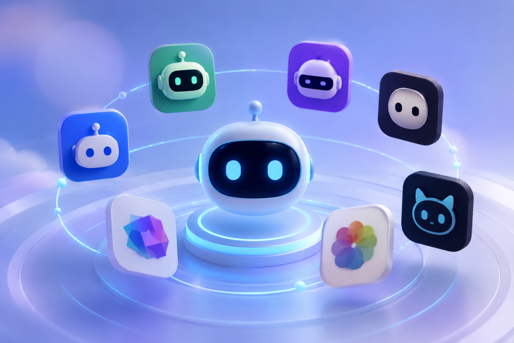 Futuristic AI chatbot icons connected in a glowing digital network representing free ChatGPT alternatives without login in a modern 3D interface.
