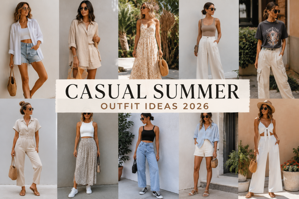 Casual Summer Outfit Ideas 2026 featuring stylish women wearing modern summer outfits including dresses, linen sets, and casual streetwear in a fashion lookbook collage
