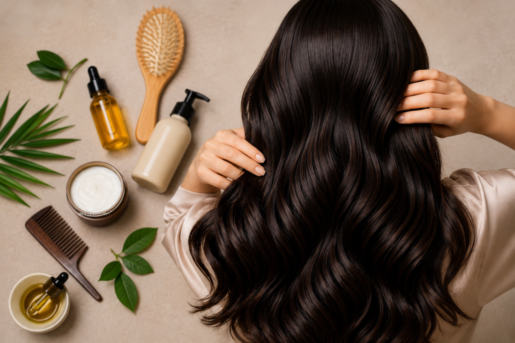 Woman with long, shiny healthy hair surrounded by natural hair care products showing consistent hair care routine