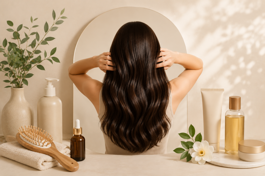Woman with long shiny hair surrounded by natural hair care products in a soft aesthetic beauty setup.