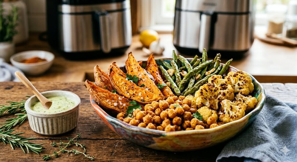 A vibrant ceramic bowl filled with textured, crispy oil-free air-fried snacks including seasoned sweet potato wedges, roasted chickpeas, charred cauliflower, and green beans on a rustic wooden table with a side of herb dip.