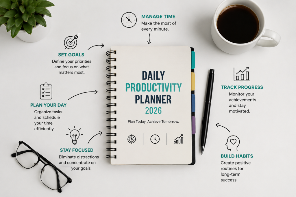 Modern daily productivity planner 2026 on a clean workspace desk with planning, goal-setting, time management, and productivity icons around it.
