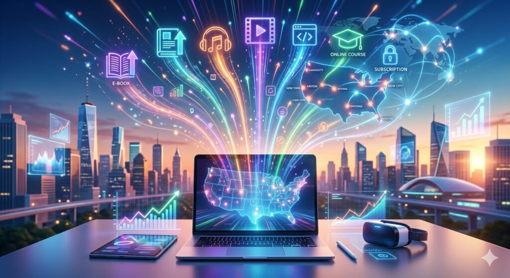 A futuristic 3D illustration showing a glowing smartphone and tablet with neon icons of digital products like e-books, software, and media bursting out, featuring a rising trend arrow to represent the booming online market in the USA for 2026.