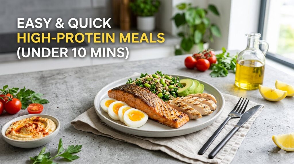 A minimalist kitchen counter featuring a healthy meal plate with grilled salmon, chicken breast, boiled eggs, quinoa salad, avocado slices, hummus, and tomatoes, with text overlay reading Easy & Quick High-Protein Meals (Under 10 Mins).