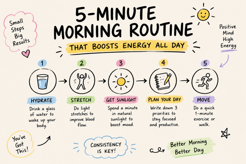 Creative neon-style artwork showing a person starting the morning with healthy habits, sunlight, movement, and positive energy for an active day.