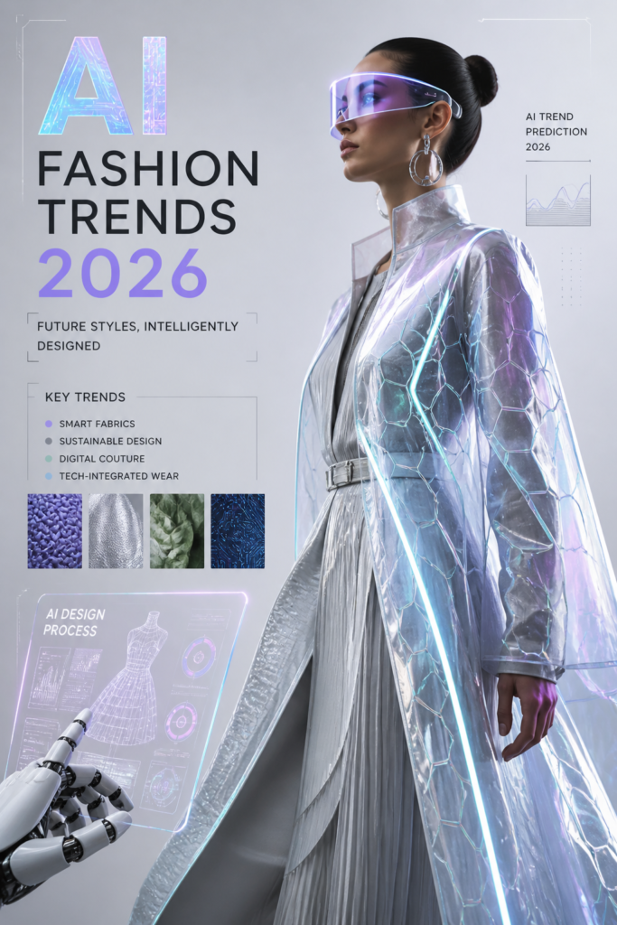 "Futuristic fashion runway influenced by artificial intelligence trends for the year 2026