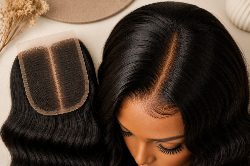 Elegant side-angle view of a 2x6 lace closure hairstyle featuring a deep natural-looking part, soft baby hairs, and glossy black hair with realistic scalp blending.