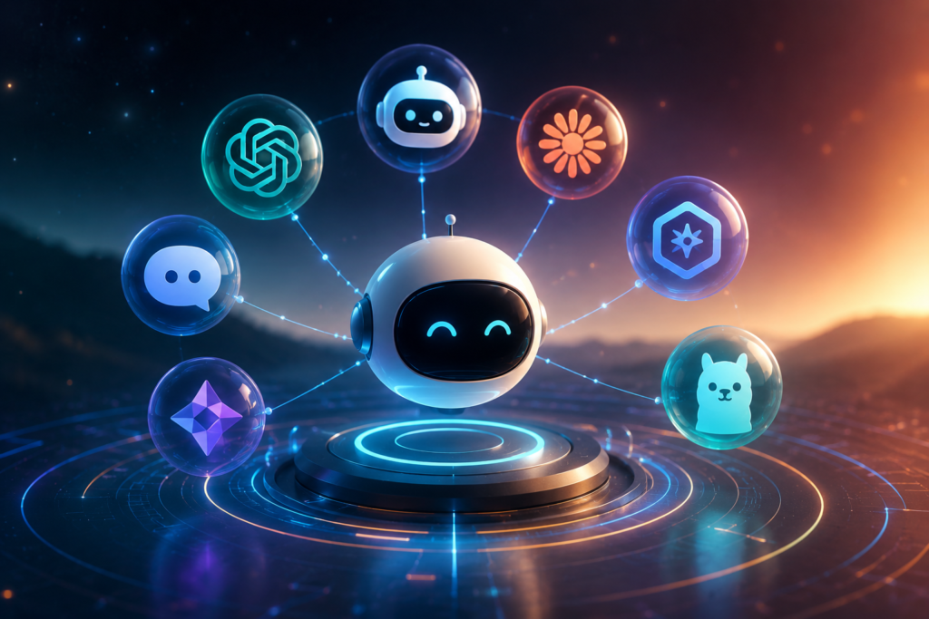 Futuristic 3D AI assistant with glowing chatbot icons connected in a digital network, symbolizing free AI chat alternatives without signup in a modern tech environment.